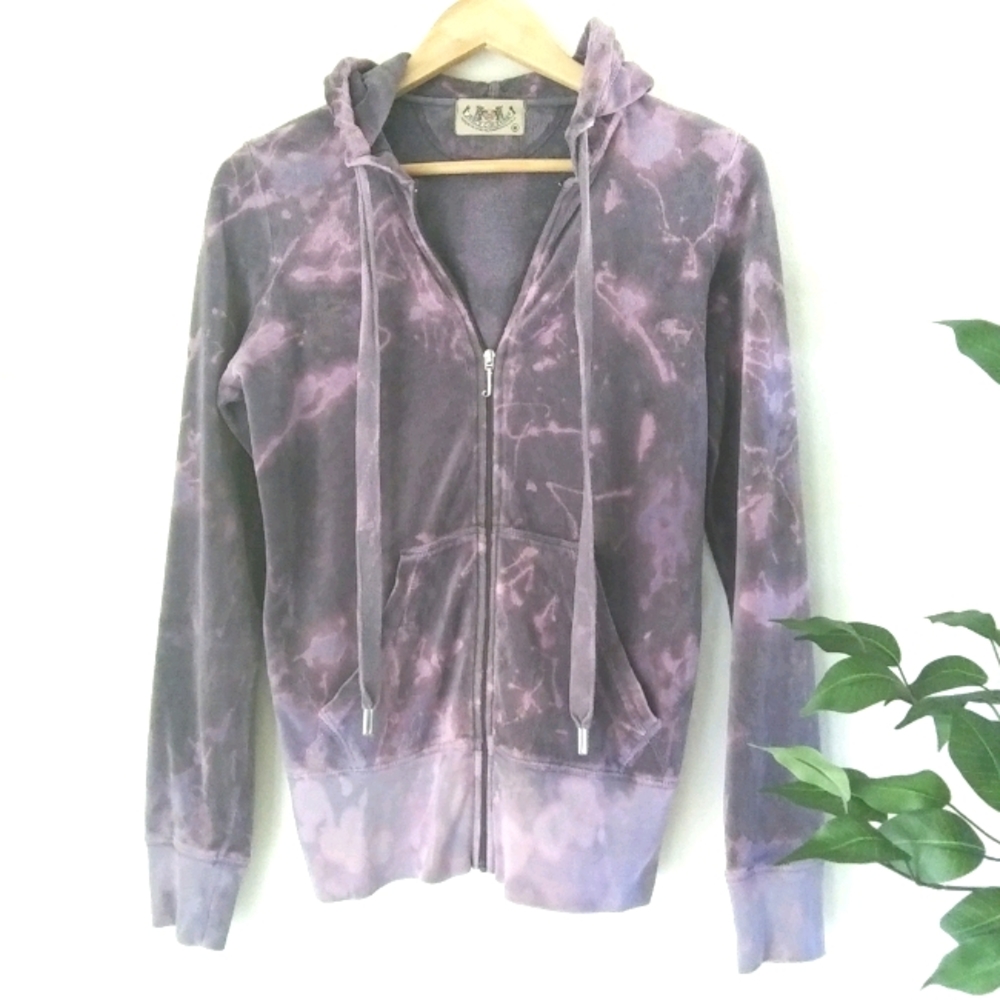 Juicy Couture Upcycled Velour Hoodie Sz M Gray Full Zip Jacket Bleach Dyed Y2k
